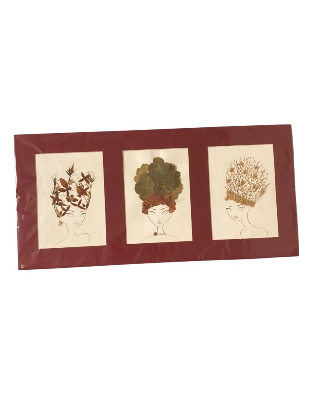 Handmade Pressed Flower Trio Art Of Ladies With Floral Hairdos